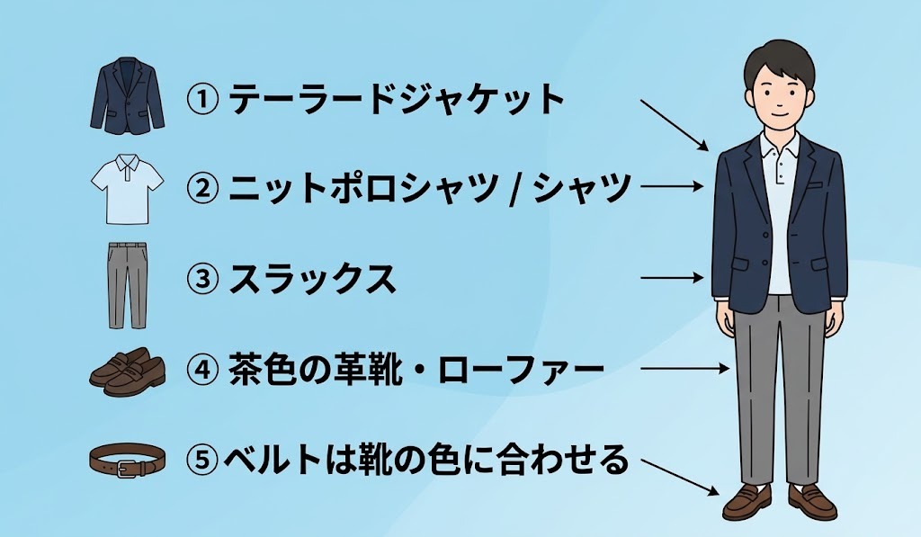 男性のインターンシップのオフィスカジュアル服装例